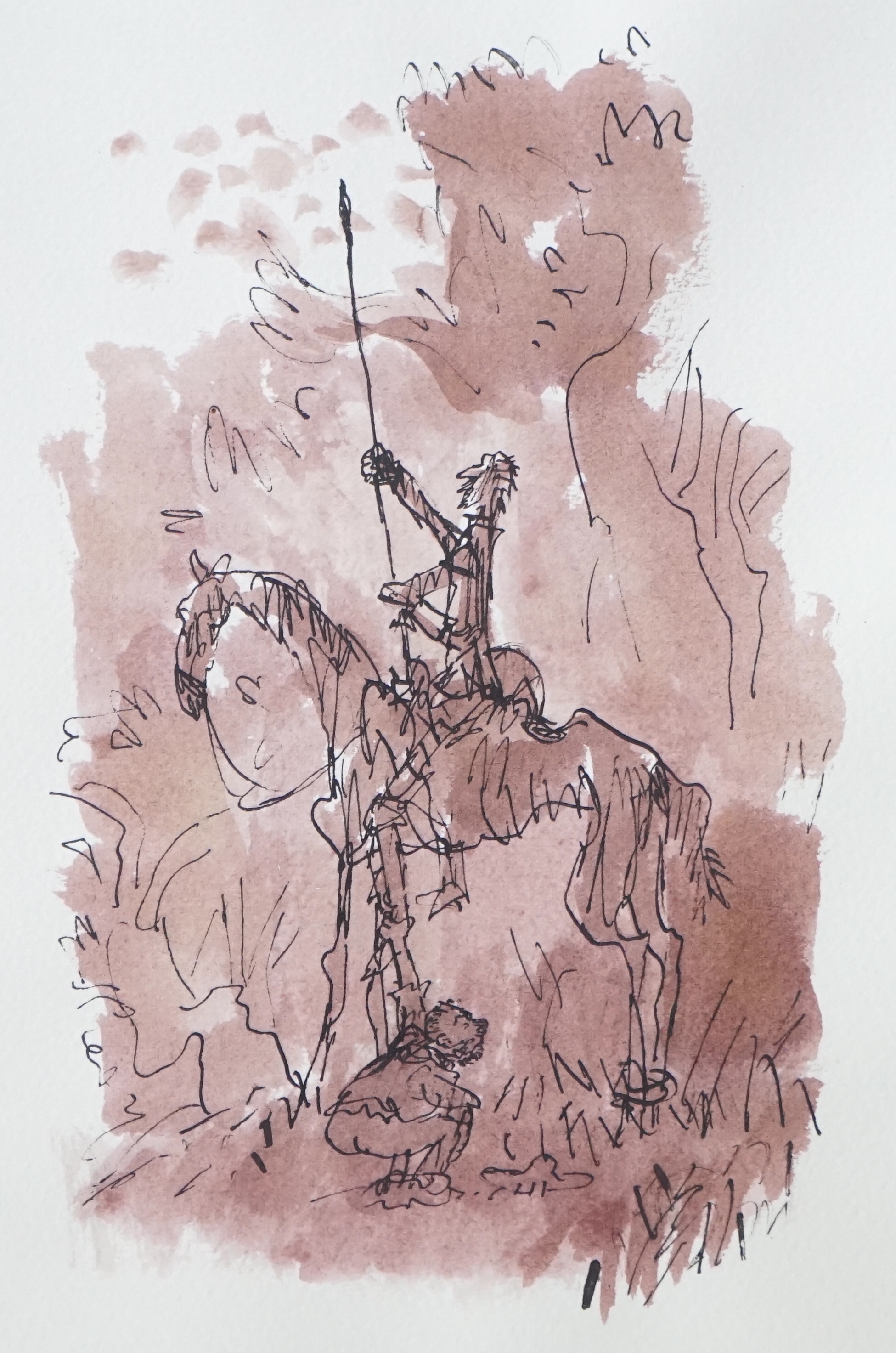 Sir Quentin Saxby Blake OBE (British, b.1932), Sancho Panza secretly ties the leg of Don Quixote's horse Alternative Version, ink and watercolour on paper, 28 x 38cm.